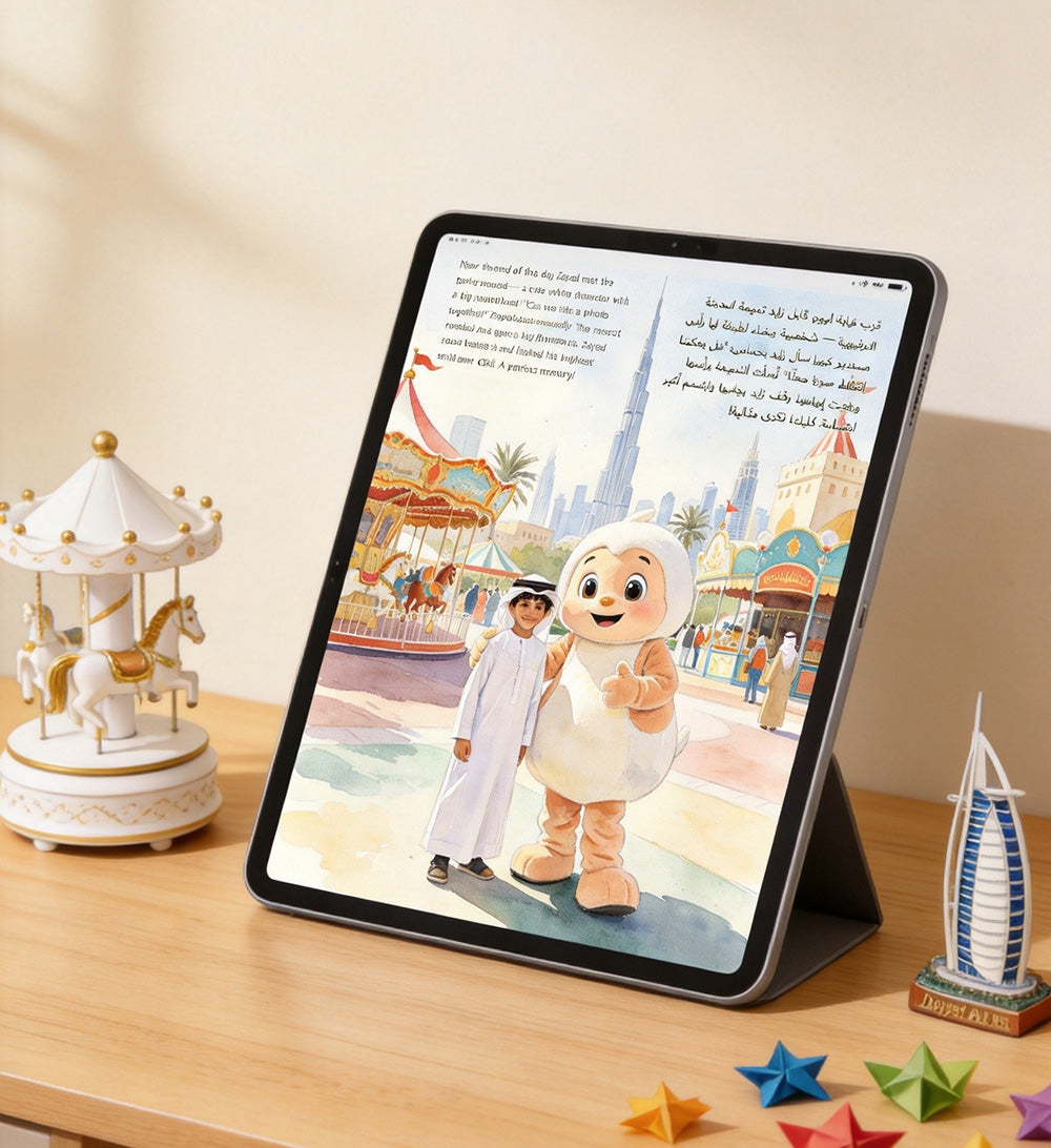 Arabic children's book open pages showing carousel illustration on wooden desk with roller coaster toy and tea cup