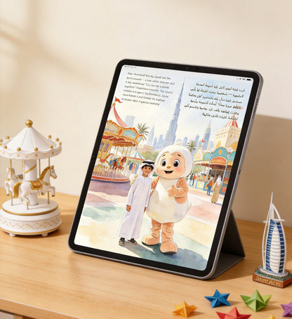 Arabic children's book open pages showing carousel illustration on wooden desk with roller coaster toy and tea cup