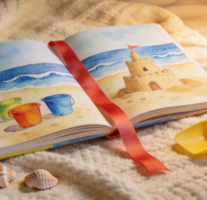 Arabic picture book beach sandcastle pages open on knitted blanket with sand bucket and seashells