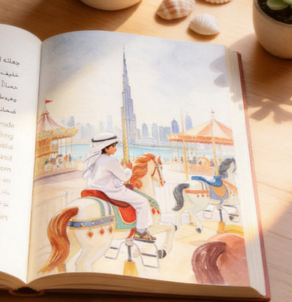 Arabic children's storybook on iPad display with carousel ornament and Burj Al Arab souvenir