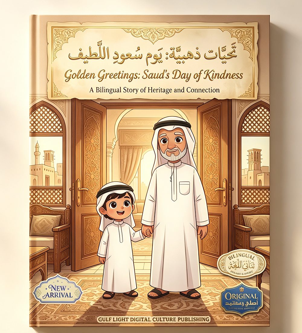 golden-greetings-cover: Arabic bilingual children's book Golden Greetings Sauds Day of Kindness on nightstand with dallah coffee pot and dates