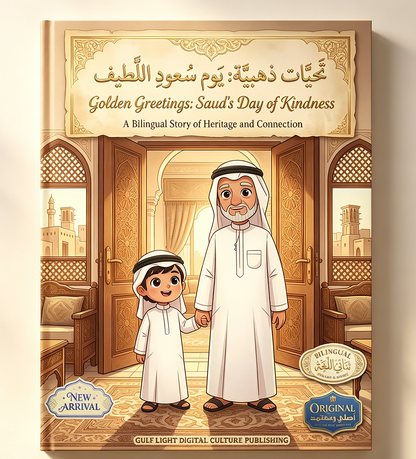 golden-greetings-cover: Arabic bilingual children's book Golden Greetings Sauds Day of Kindness on nightstand with dallah coffee pot and dates