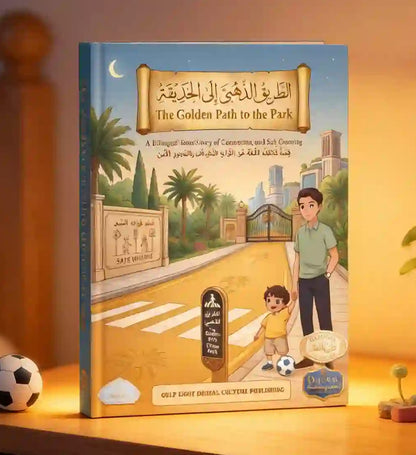 golden-path-park-cover: Arabic bilingual children's book The Golden Path to the Park on nightstand with traffic light toy and small soccer ball