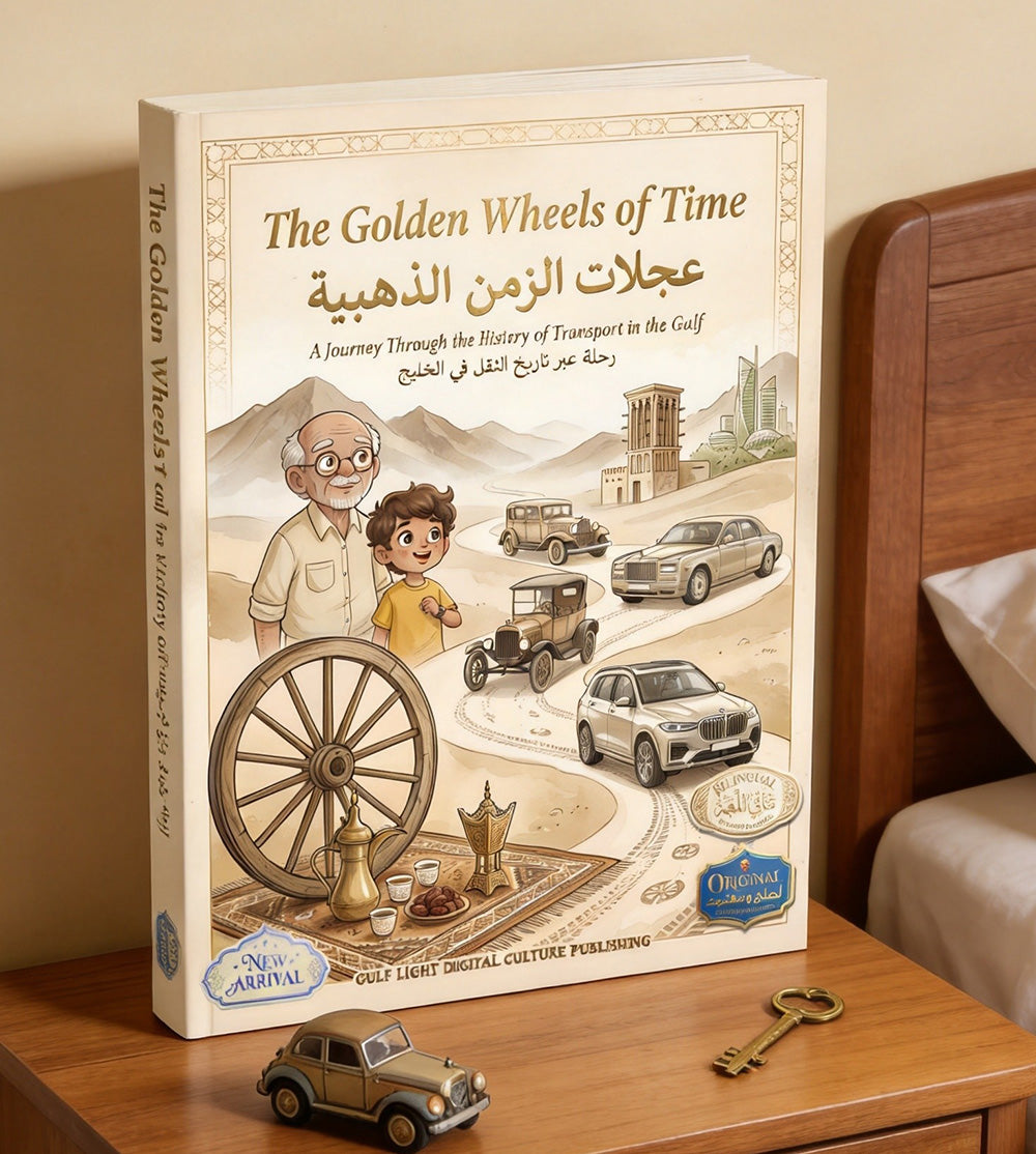 golden-wheels-inner-pages: Arabic picture book open on knitted blanket with toy racing car and colored pencils
