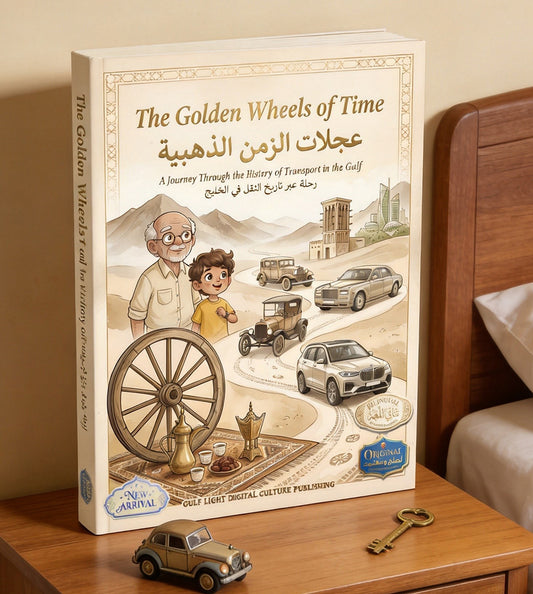 golden-wheels-inner-pages: Arabic picture book open on knitted blanket with toy racing car and colored pencils