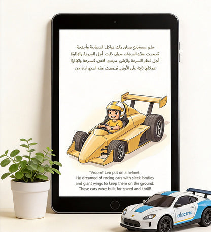 golden-wheels-cover: Arabic bilingual children's book Golden Wheels of Time on nightstand with vintage toy car and brass key