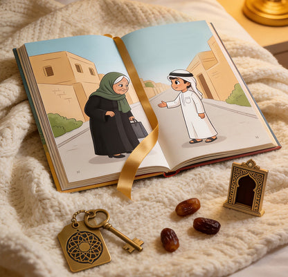 golden-greetings-inner: Arabic picture book open on knitted blanket with brass key and dates