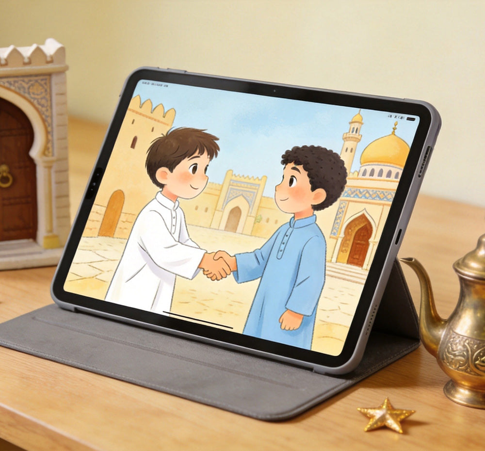 golden-greetings-flip: Arabic children's book open pages showing boy greeting teacher on wooden desk with Arabic coffee