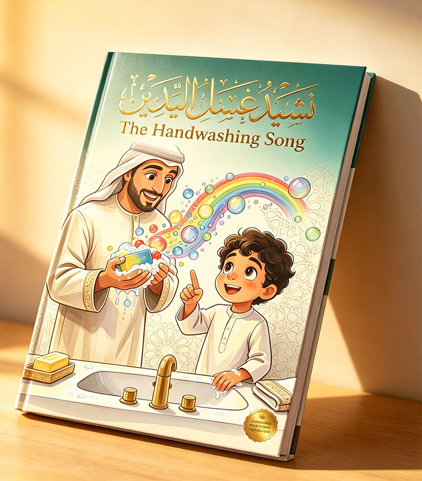 handwashing-song-cover: Arabic bilingual children's book Handwashing Song on nightstand with rubber duck and hand towel