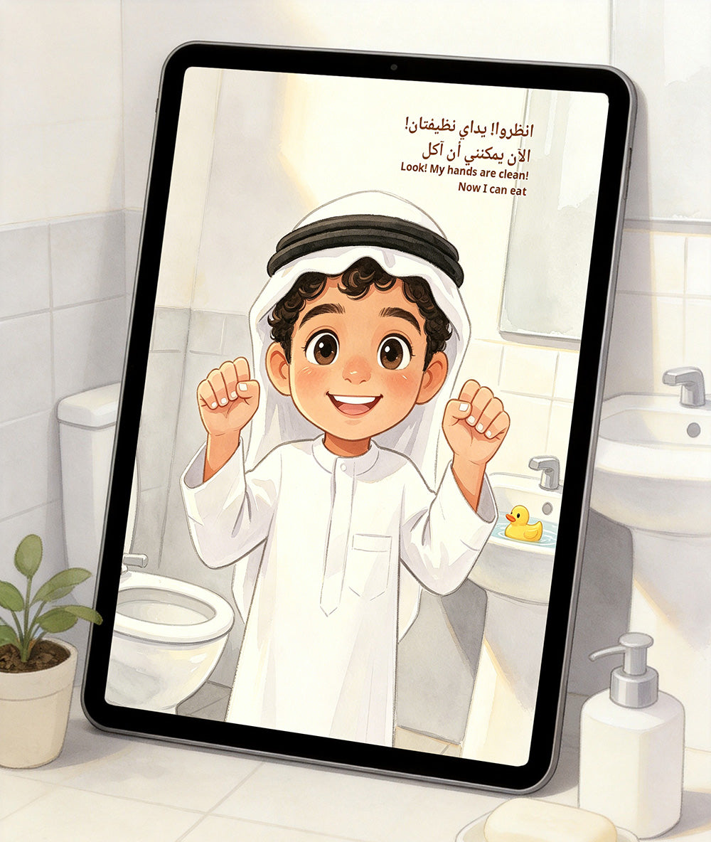 handwashing-song-on-ipad: Arabic children's storybook on iPad with soap dispenser and potted plant