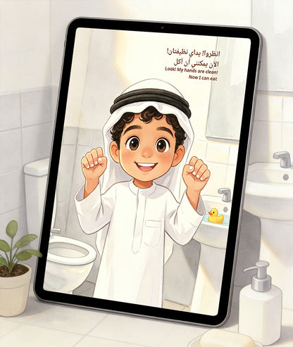 handwashing-song-on-ipad: Arabic children's storybook on iPad with soap dispenser and potted plant