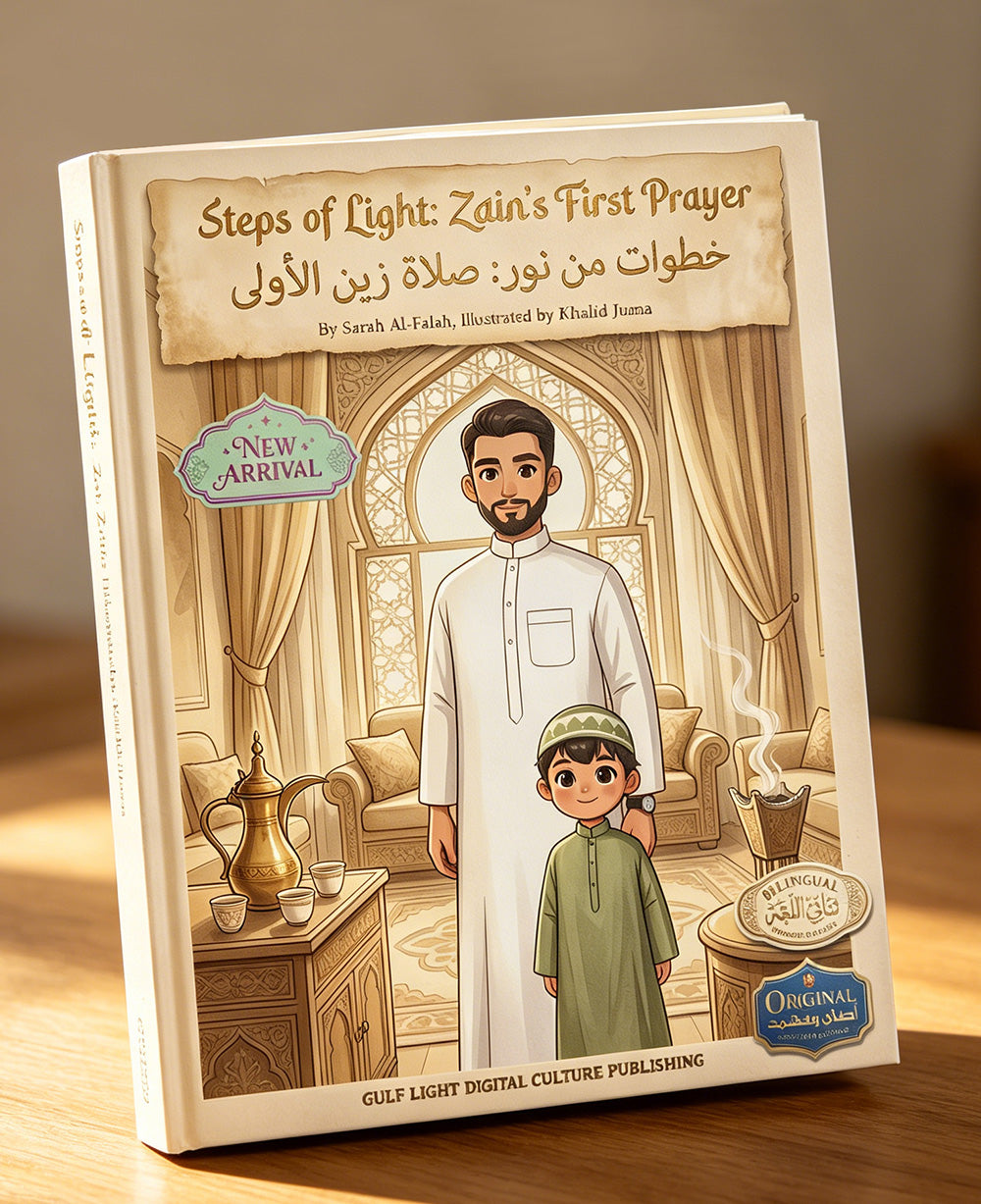 steps-of-light-cover: Arabic bilingual children's book Steps of Light Zains First Prayer on nightstand with lantern and cushion