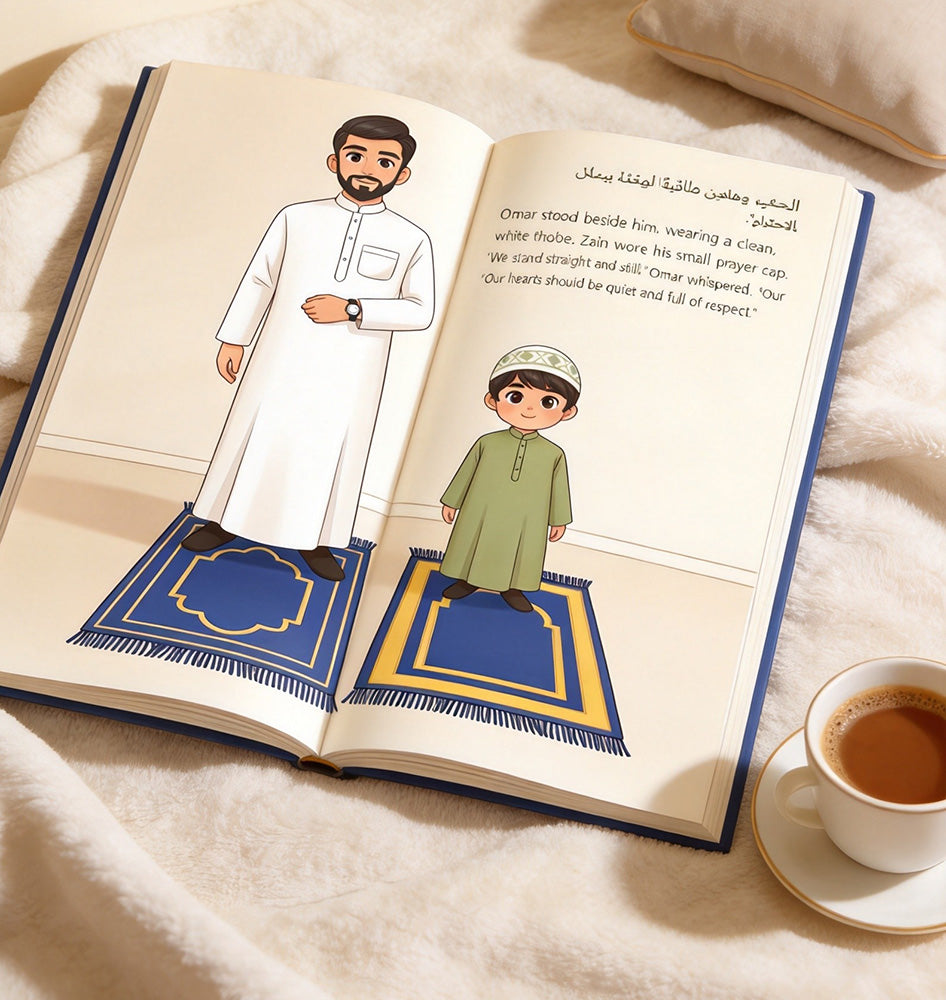 steps-of-light-book-open: Arabic children's book open pages showing boy learning Wudu on wooden desk with cup of tea