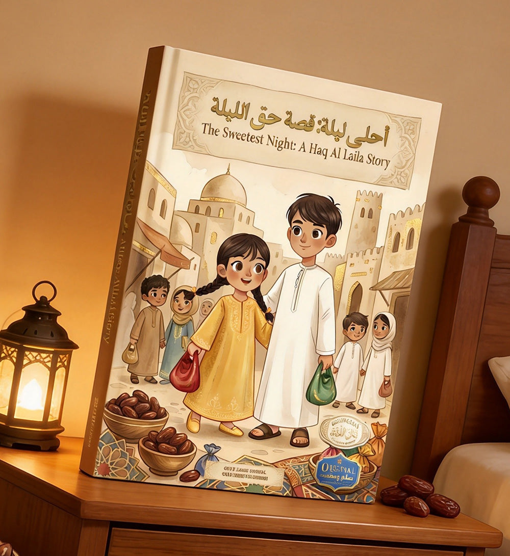 sweetest-night-cover: Arabic bilingual children's book The Sweetest Night Haq Al Laila Story on nightstand with crescent moon lantern