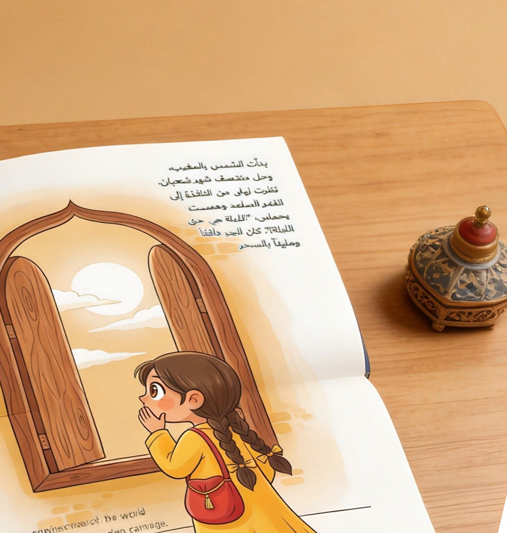 sweetest-night-inner-pages: Arabic picture book open on soft blanket with Arabic coffee and traditional sweets